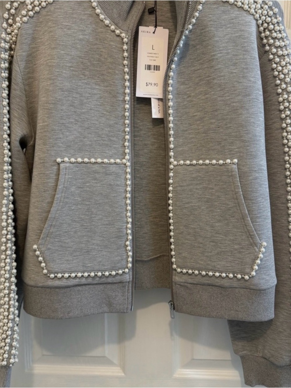 AKIRA Gray Pearl-Trim Zip Jacket